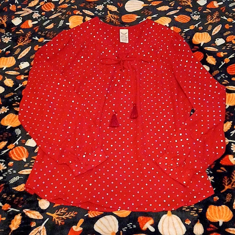 Red front tie blouse